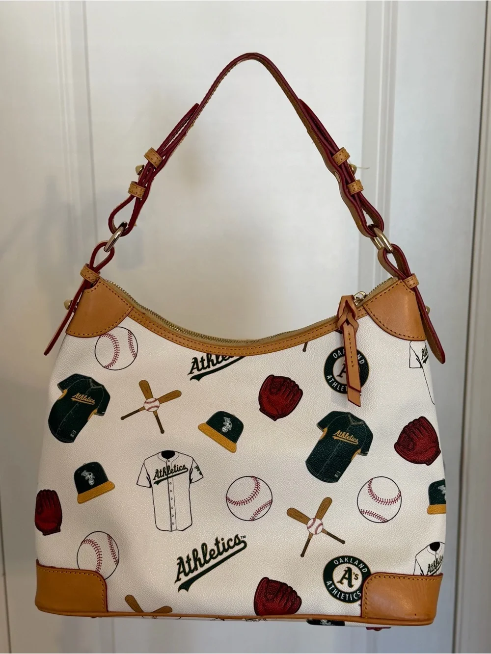 Dooney & Bourke White Oakland Athletics Print Hobo Bag Tan & Burgundy Trim Purse